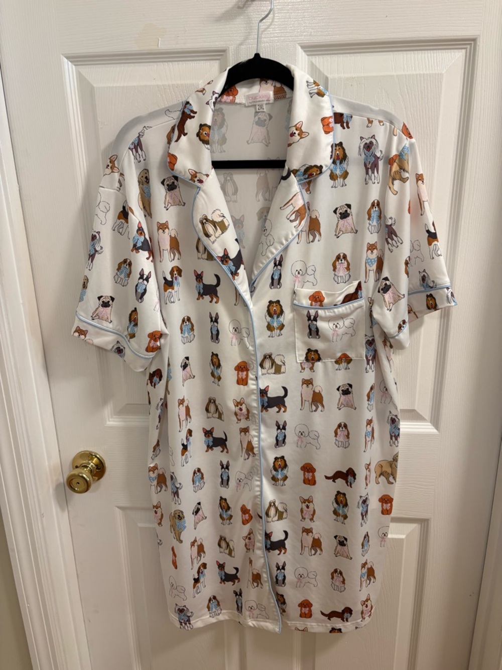 Buckley by the polkadot alley, night shirt with dogs wearing polka dot bows
